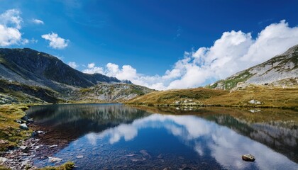 Mountain Lake Reflecting the Blue Sky and Clouds