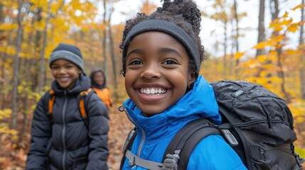 A young girl with a backpack is smiling and posing for a photo