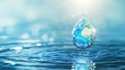 A droplet of water encapsulating Earth, symbolizing the delicate balance of nature and the importance of preserving our planets resources amidst a shimmering blue backdrop.
