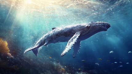Fototapeta premium A playful baby humpback whale breaches the clear blue ocean, showcasing the joy of marine life.