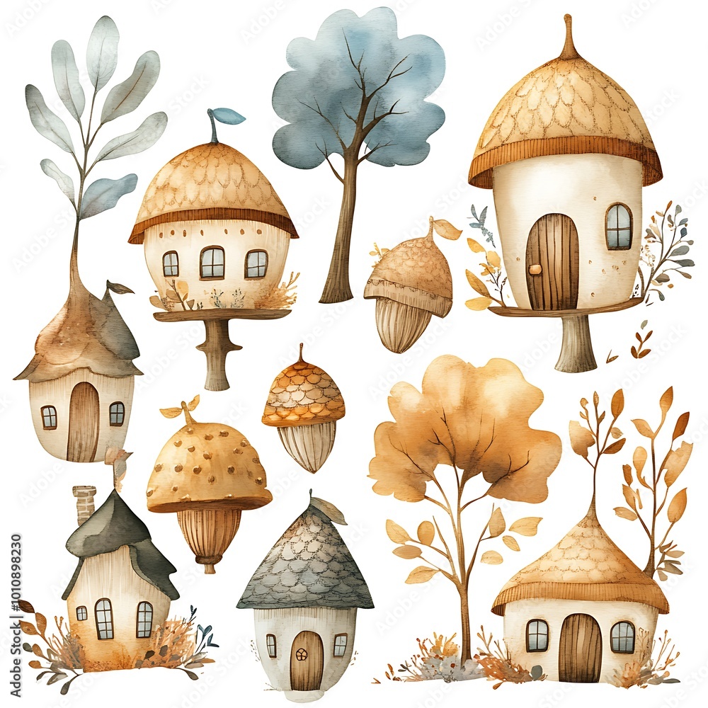 Wall mural Watercolor Illustration of Cute Acorn Houses and Woodland Elements.