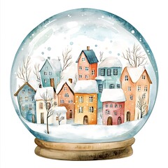 Watercolor Snow Globe with Winter Village Scene.
