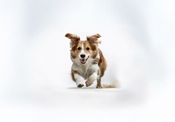 An isolated brown and white dog with floppy ears runs towards the camera on a white background.