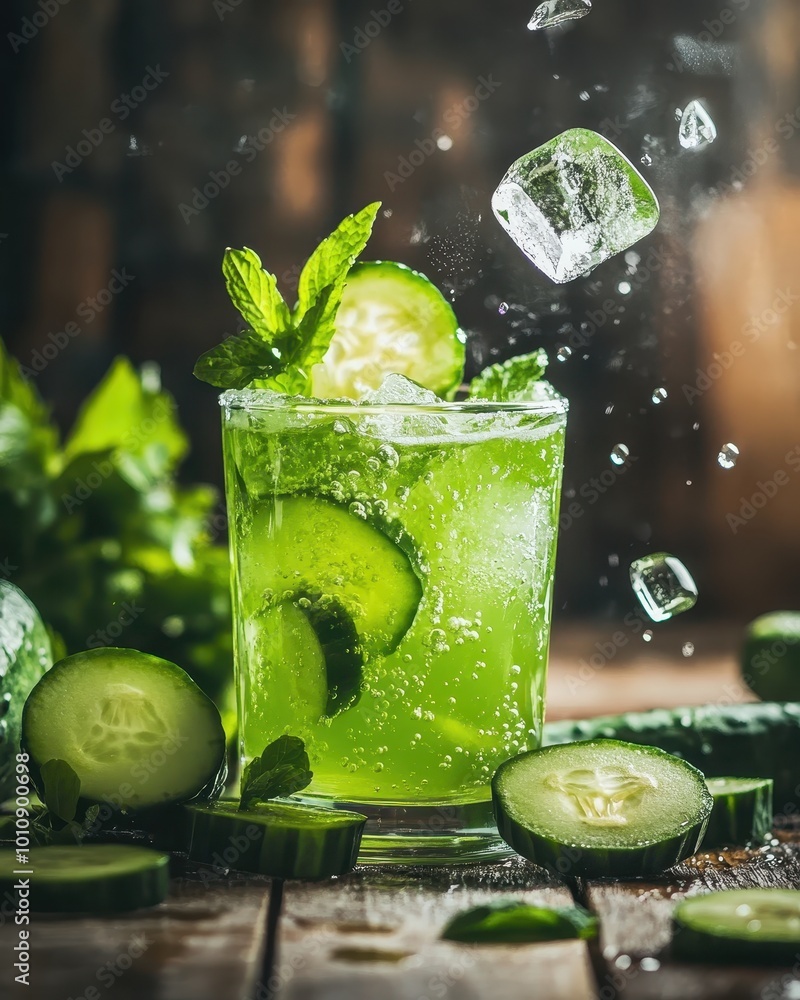 Poster a refreshing green drink garnished with cucumber and mint, surrounded by cucumber slices.