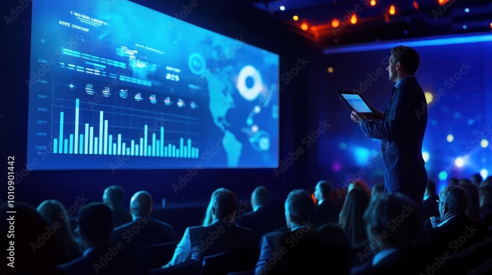 Poster a presenter discusses data on a large screen in front of an audience at a conference.