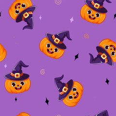 Halloween holiday seamless pattern background. Pumpkin in a witch's hat. 