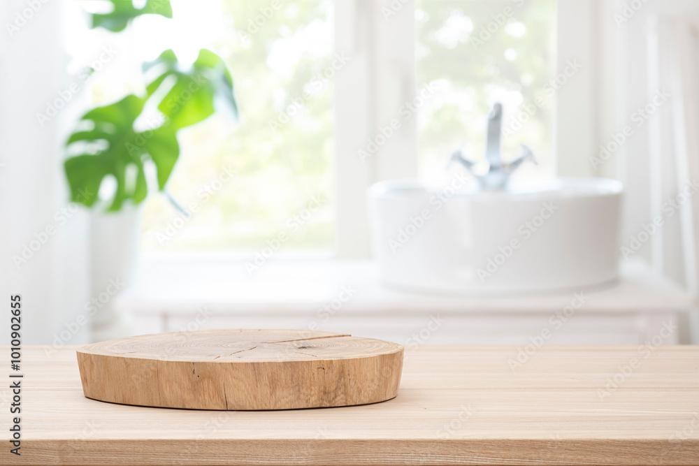 Sticker Wooden table with pedestal for product display on blurred bathroom window and sink background