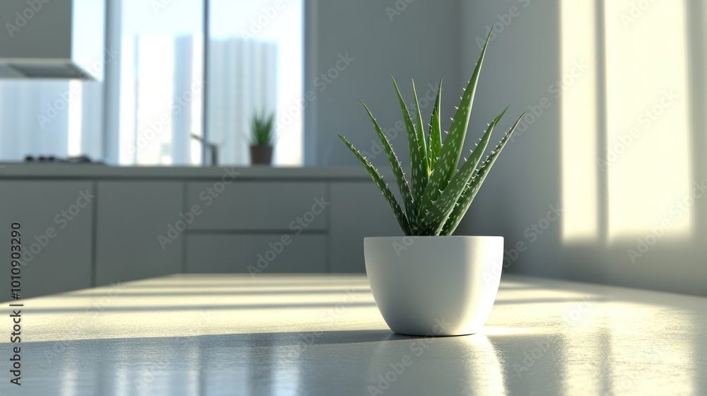 Poster A potted aloe vera plant sits on a table in a sunlit kitchen, adding a touch of greenery.