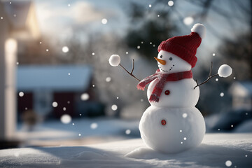 Fototapeta premium Snowman in a red scarf and hat with twig arms raised, standing in a snowy street on a sunny day, blurred buildings and snow-covered trees in the background