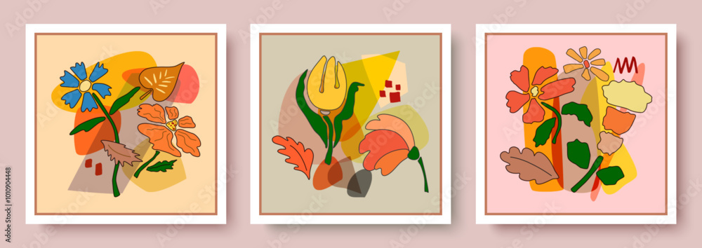 Poster a set of vector drawings with botanical doodles in the background. drawing in the form of flowers an
