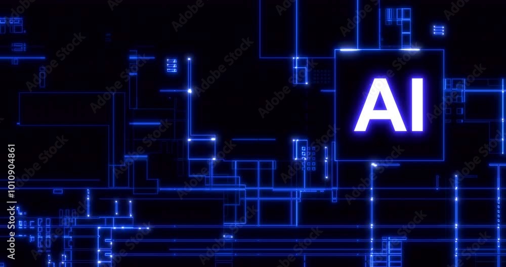 Wall mural futuristic movement of blue matrix digital vertical and horizontal circuit lines with on right ai wo