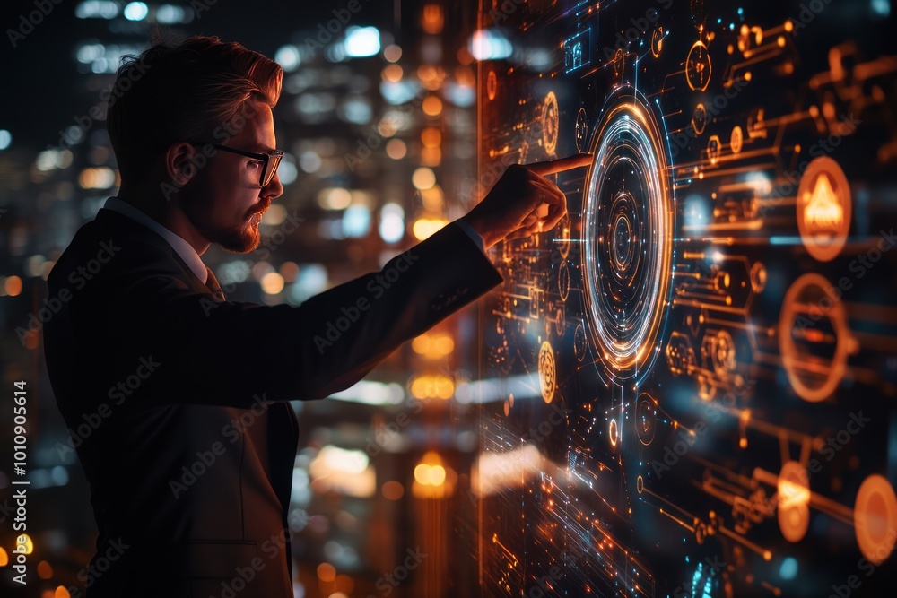 Poster man interacting with futuristic interface