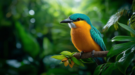 Fototapeta premium A sharp nature image of a colorful bird perched on a branch in a dense rainforest, with its feathers illuminated by soft light