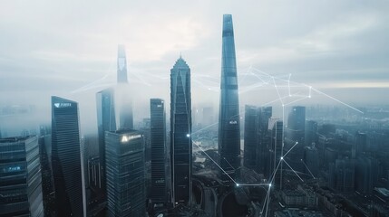 A city skyline shrouded in fog, featuring tall skyscrapers and modern architecture, conveying a sense of innovation and urban development.
