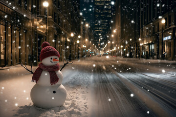 Obraz premium Cheerful snowman in a red hat and scarf standing on a busy city street with evening lights and falling snow