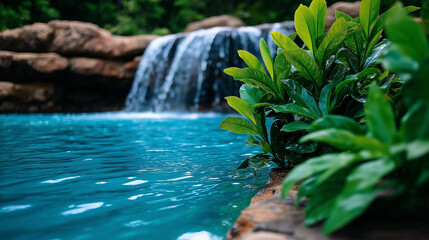 A breathtaking nature shot of a waterfall cascading into a lush tropical pool surrounded by vibrant green plants