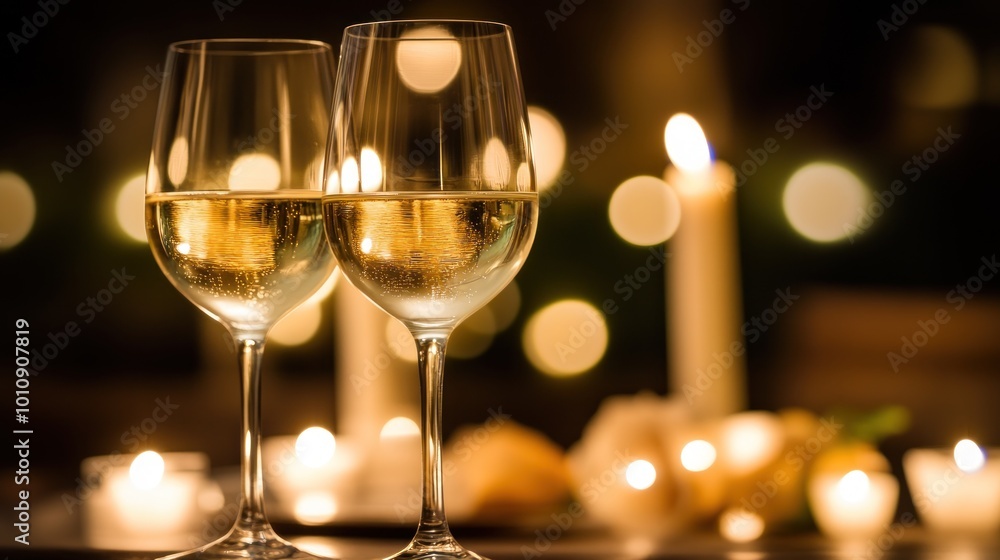 Poster Two glasses of white wine are set against a backdrop of candles, creating a romantic atmosphere.