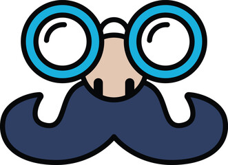 A cartoon man with a mustache and glasses. The mustache is blue and the glasses are blue. The man has a serious look on his face