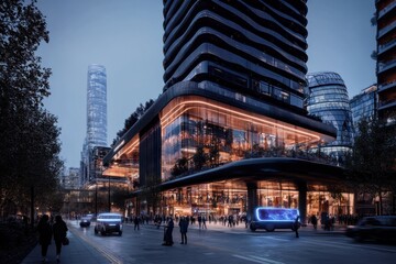 Naklejka premium A bustling futuristic cityscape showcasing innovative architecture, dynamic lighting, and people bustling alongside advanced vehicles, representing human advancement.