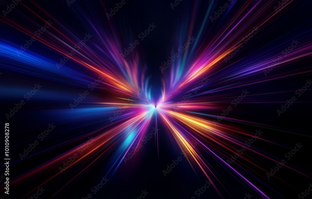Poster Abstract background with radial beams of light in multiple bright colors.