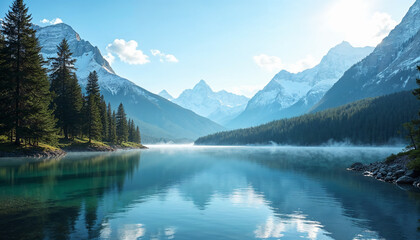 Pristine Mountain Lake with Misty Reflections