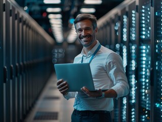 Smiling IT Professional Holding Laptop in Server Room