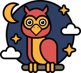 A cartoon owl is sitting on a branch in the night sky. The owl is looking at the camera with a curious expression. The sky is filled with stars and clouds, creating a peaceful and serene atmosphere