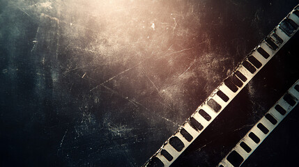Obraz premium Blank grained and scratched film strip texture background with heavy grain, dust and a light leak Real Lens Flare Shot in Studio over Black Background. 
