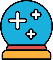 Obraz premium A blue and white crystal ball with three stars on it. The ball is sitting on a red base