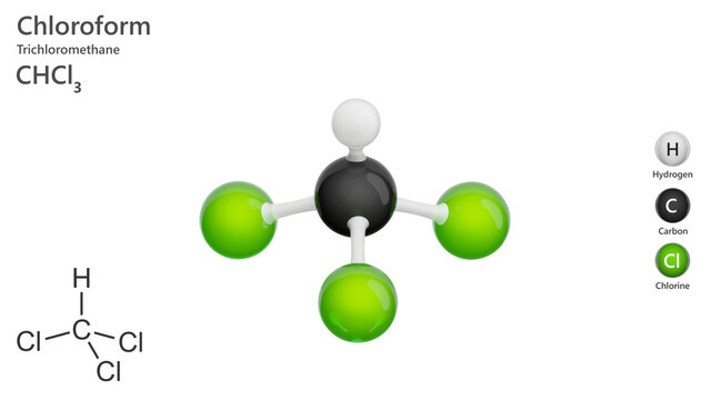 CHCl3. Chloroform, or trichloromethane, is an organochloride used as a solvent. It acts as an inhalation anesthetic, refrigerant, and has potential carcinogenic effects. White back. 3d illustration