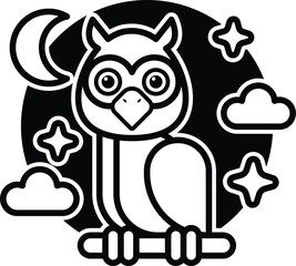 A cartoon owl is sitting on a branch in the night sky. The owl is looking at the camera with a curious expression. The sky is filled with stars and clouds, creating a peaceful and serene atmosphere