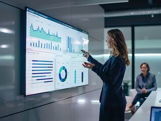 Businesswoman Presenting Data on Large Screen