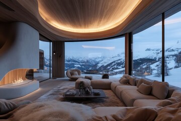 Fototapeta premium A lavish, elegantly designed living space with sweeping glass walls offering stunning views of snow-covered terrain; soothing light and plush textures enhance serenity.