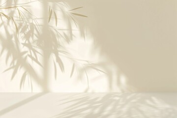 Obraz premium A soft light beige setting creates an elegant backdrop, highlighted by intricate shadows of plants cast from a window, perfect for showcasing products artistically.