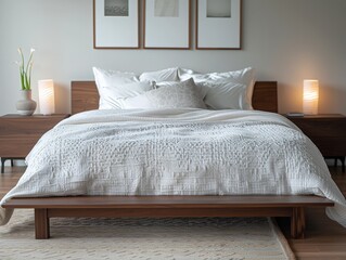 White Bed with Wooden Frame and Nightstands