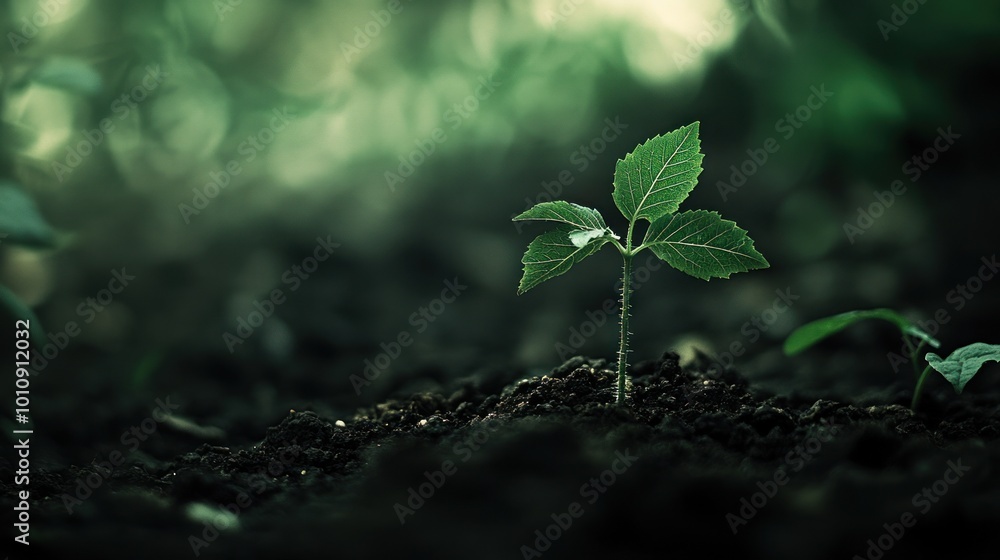 Canvas Prints A small green plant emerges from dark soil, symbolizing growth and renewal in nature.