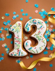 Decorated cookie, number 13, image for birthday or anniversary celebration
