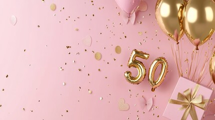 Golden 50th Birthday Celebration with Balloons and Confetti