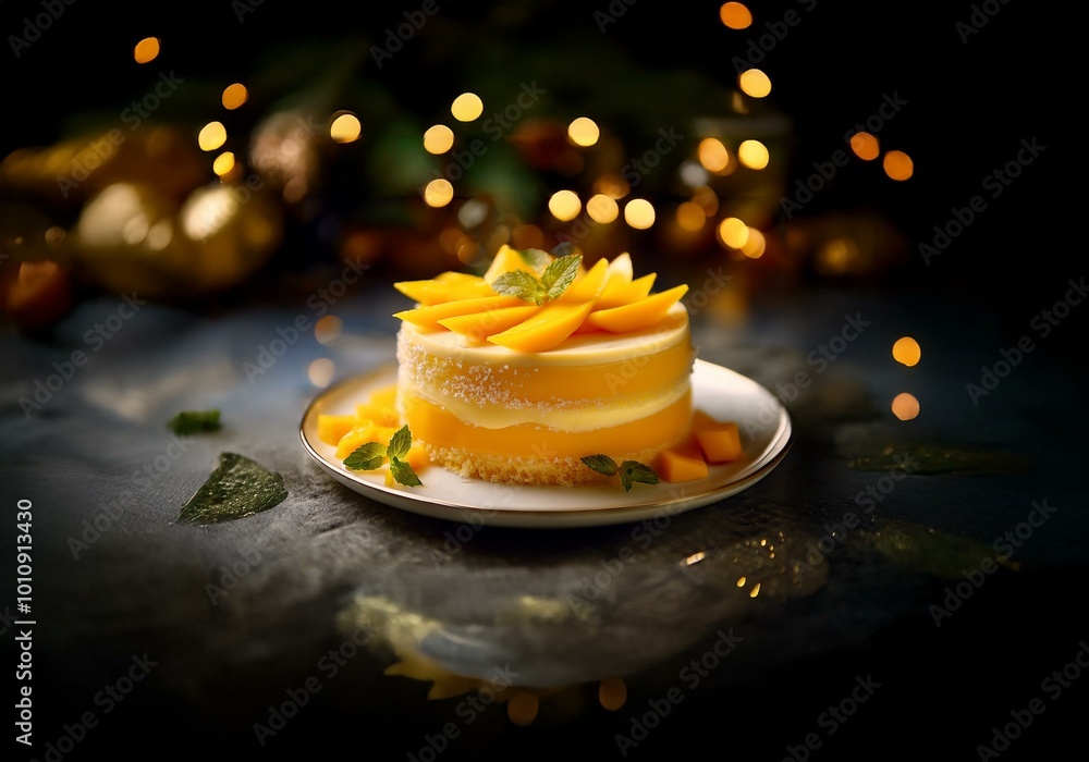 Aufkleber A single-layer mango cake with a white cream filling on a white plate against a dark background with bokeh lights.