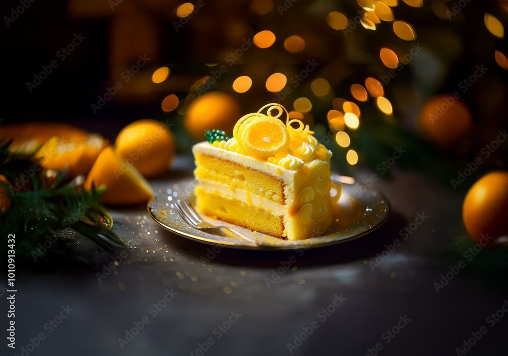 Aufkleber a slice of lemon cake on a white plate with a fork. there are a few lemons in the background, out of