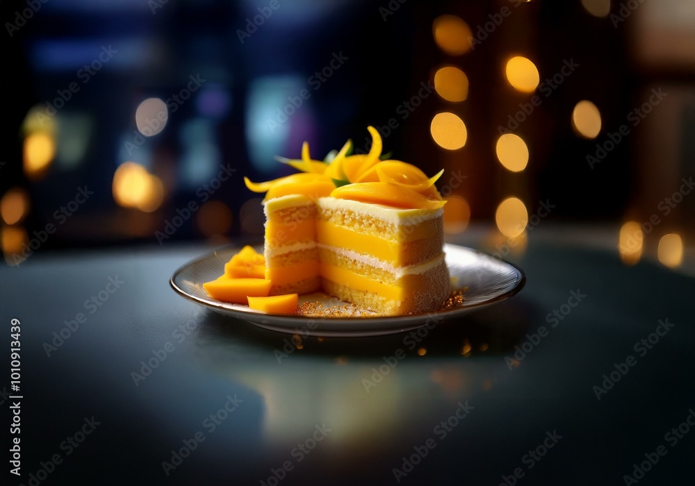 Poster a slice of yellow cake with mango filling and whipped cream sits on a plate, illuminated by warm bok