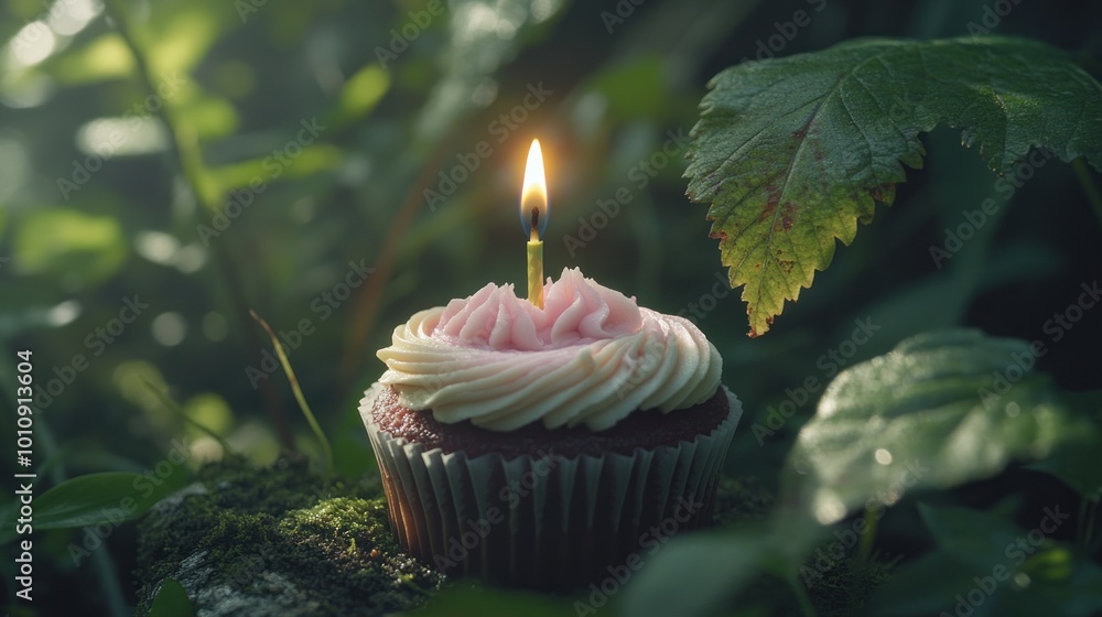 Poster A cupcake with pink frosting and a lit candle, set against a lush, green background.