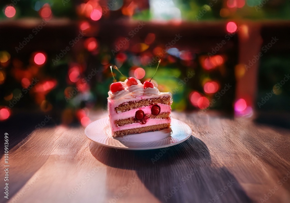 Poster a slice of layered cake topped with cherries sits on a white plate on a wooden table, with a bokeh b