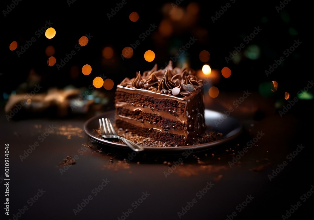 Poster a single slice of chocolate cake with chocolate frosting and chocolate chips sits on a dark plate wi