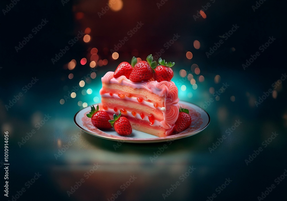 Poster a slice of cake frosted with pink frosting and topped with strawberries sits on a plate against a bl