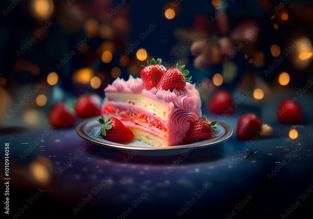 Poster A slice of cake with pink frosting and a swirl pattern sits on a plate with strawberries.