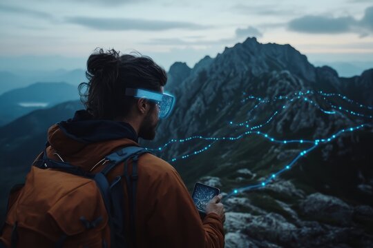 An explorer wearing advanced tech gear visualizes a virtual path over mountain peaks, symbolizing the integration of technology with wilderness exploration and human curiosity.
