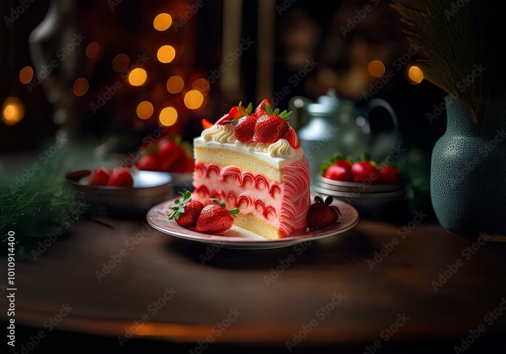 Poster a slice of strawberry cake on a pink and white plate. the cake is layered with pink frosting and top