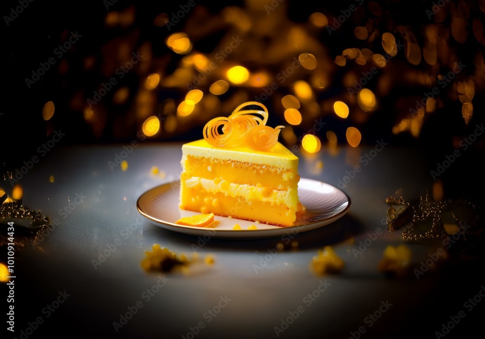 Poster a slice of yellow cake on a white plate with a swirl of icing and a piece of fruit.