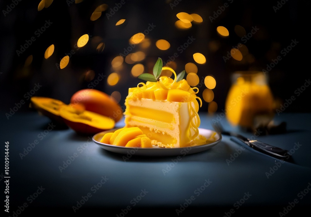 Poster A slice of yellow cake with mango topping on a plate with mango fruit slices in the foreground and bokeh lights in the background.